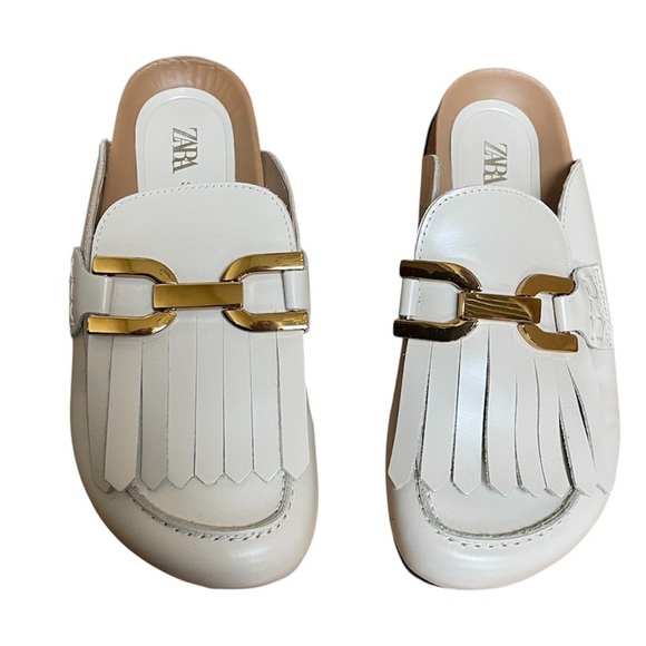 Zara Womens Beige Cream leather mules sandals with tassels & gold chain Sz 38 - Picture 4 of 15